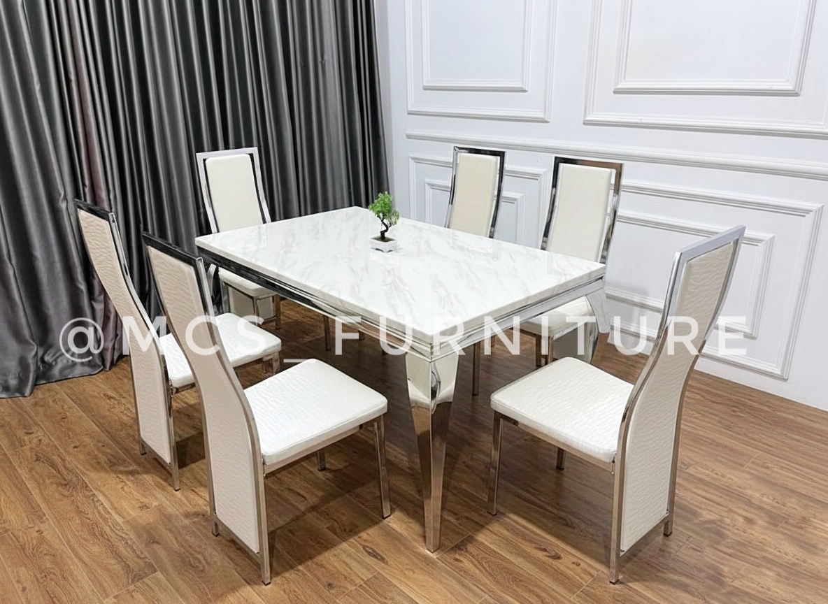 MEJA MAKAN BATU MARMER STAINLESS 6 KURSI PUTIH