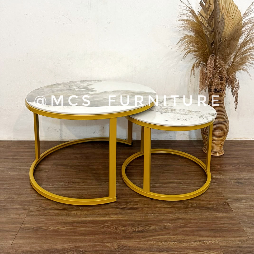 MEJA TAMU BATU MARMER KAKI BESI GOLD WHITE