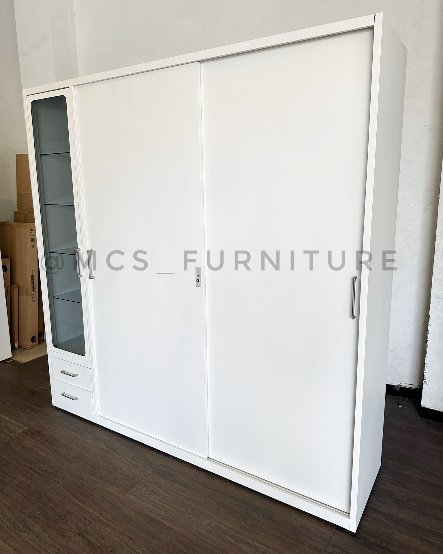 LEMARI BESI SLIDING JUMBO 200 CM RAK KACA